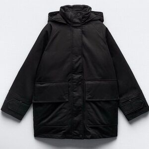 ZARA BLACK PUFFER QUILTED HOODED COAT JACKET Sz. XS